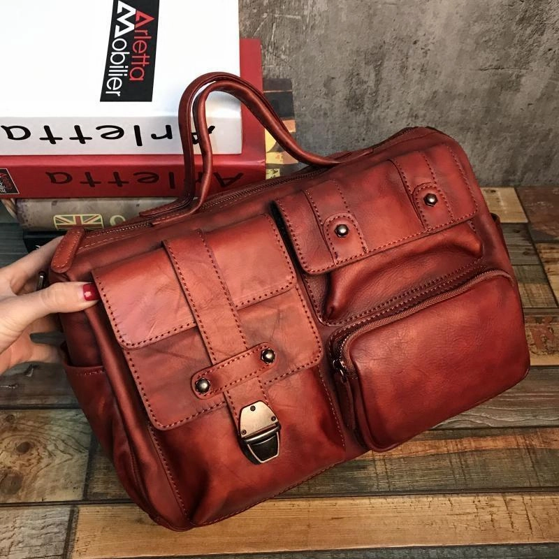Travel Outfit 14" Mens Womens Vintage Leather Black Handbag Brown Messenger Bag Red Side Shoulder Bag for Women