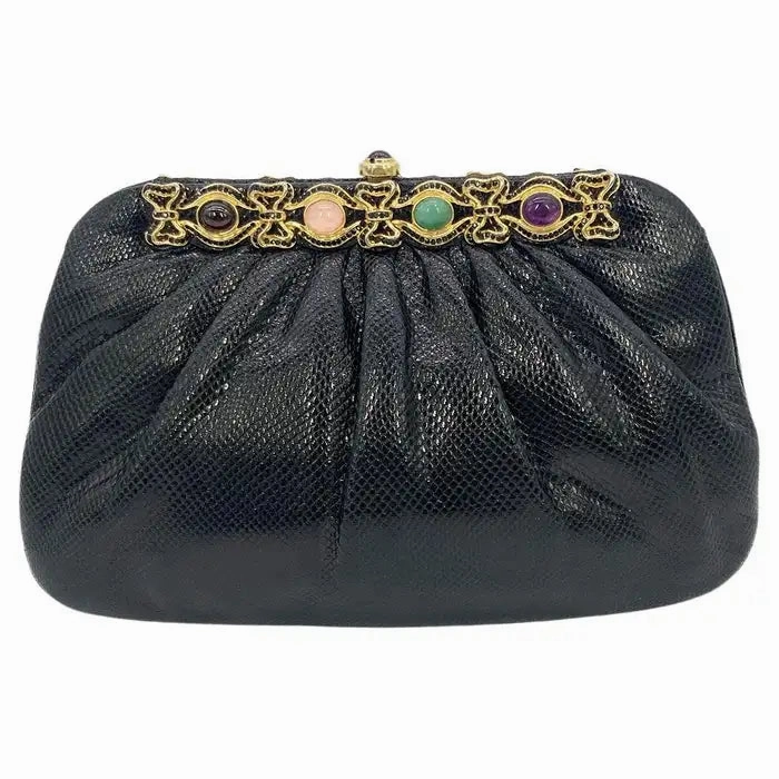 Sophisticated Aesthetic Judith Leiber Black Lizard Black Crystal Multi Color Gemstone Clutch