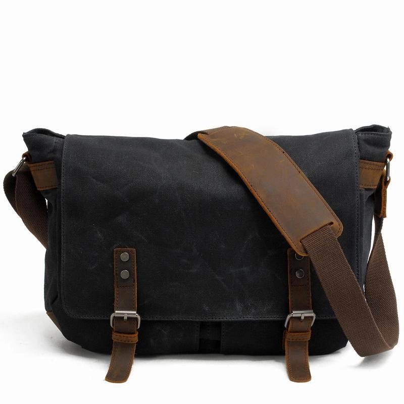 Waxed Canvas Leather Mens Black Waterproof 14???? Computer Side Bag Messenger Bag For Men Outdoor Ready Water Resistant