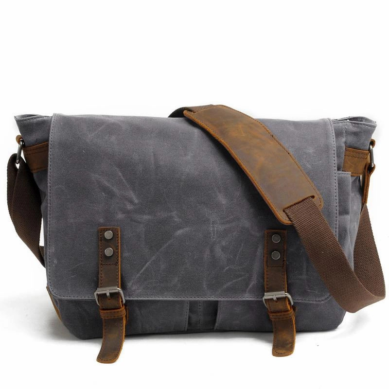 Easy Access Urban Aesthetic Waxed Canvas Leather Mens Black Waterproof 14???? Computer Side Bag Messenger Bag For Men