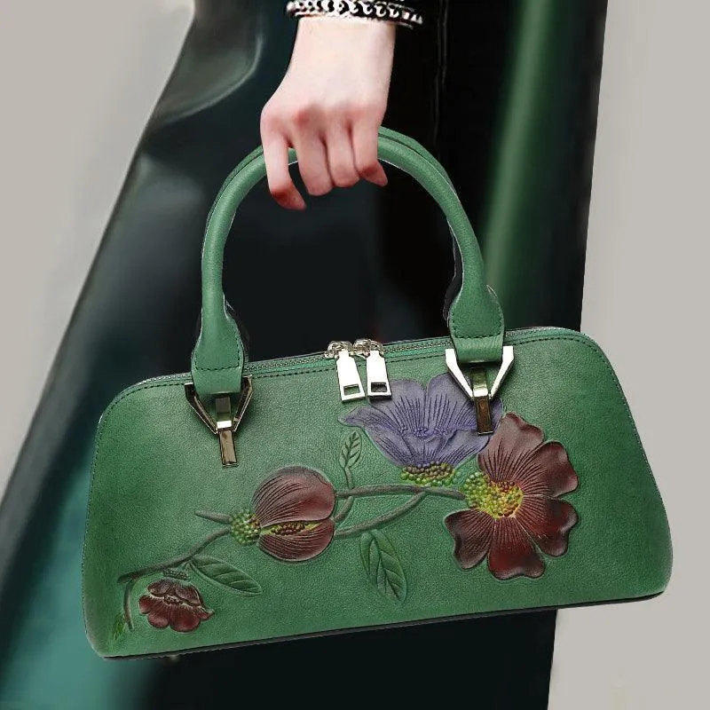 Sporty Look Floral Elegance Cowhide Leather Shoulder Bag | Handcrafted Embossed Banquet Bag
