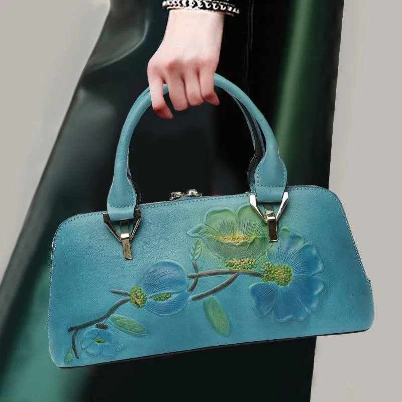 Floral Elegance Cowhide Leather Shoulder Bag | Handcrafted Embossed Banquet Bag Travel Fashion