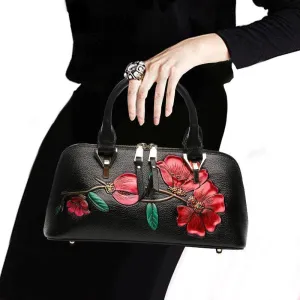 Smart Organization Compact Travel Floral Elegance Cowhide Leather Shoulder Bag | Handcrafted Embossed Banquet Bag