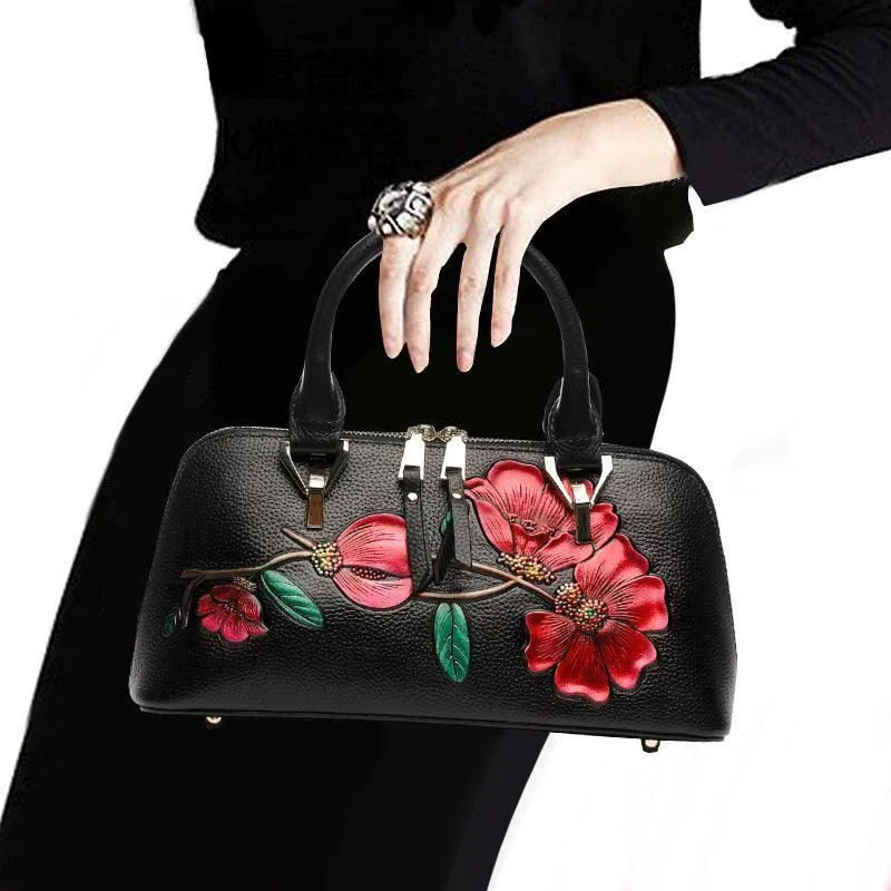 Smart Organization Compact Travel Floral Elegance Cowhide Leather Shoulder Bag | Handcrafted Embossed Banquet Bag