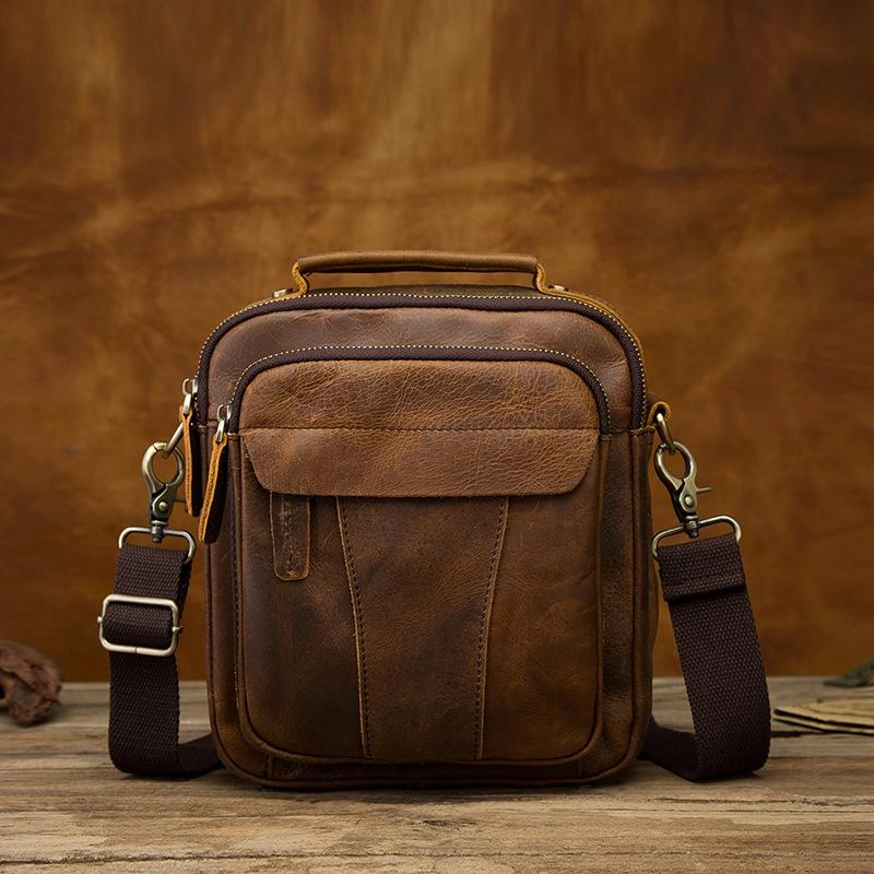 Vintage Brown Leather Mens Small Vertical Messenger Bag Side Bag Courier Bag Handbag For Men Simple Carry