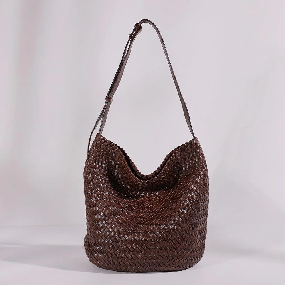 Handwoven Full-Grain Leather Bucket Bag | Stylish Shoulder Bag for Women | Leather Beach Bag Stylish Daywear Accessory Soft Flexible Form