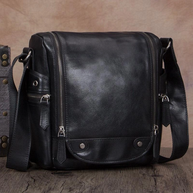 Comfort Style Black Mens Vintage Vertical Small Messenger Bag Brown Leather Side Bag Couier Bag for Men
