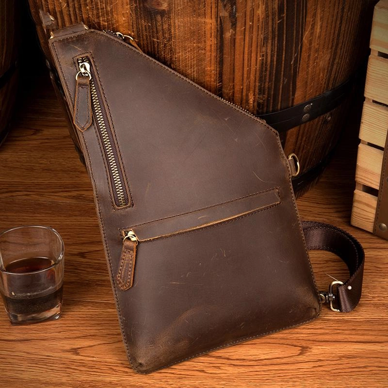 Cool Brown Leather Mens Sling Bag Crossbody Pack Messenger Bag Chest Bag for men Travel Companion
