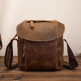 Vintage Brown Leather Men's Small Vertical Side Bag Small Messenger Bag For Men Outdoor Travel Comfort Grip