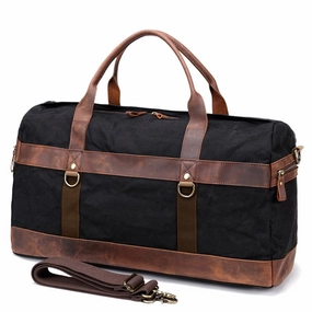 Cool Waxed Canvas Leather Mens Black Waterproof Travel Weekender Bag Duffle Bag for Men Quick Grab Comfortable Design