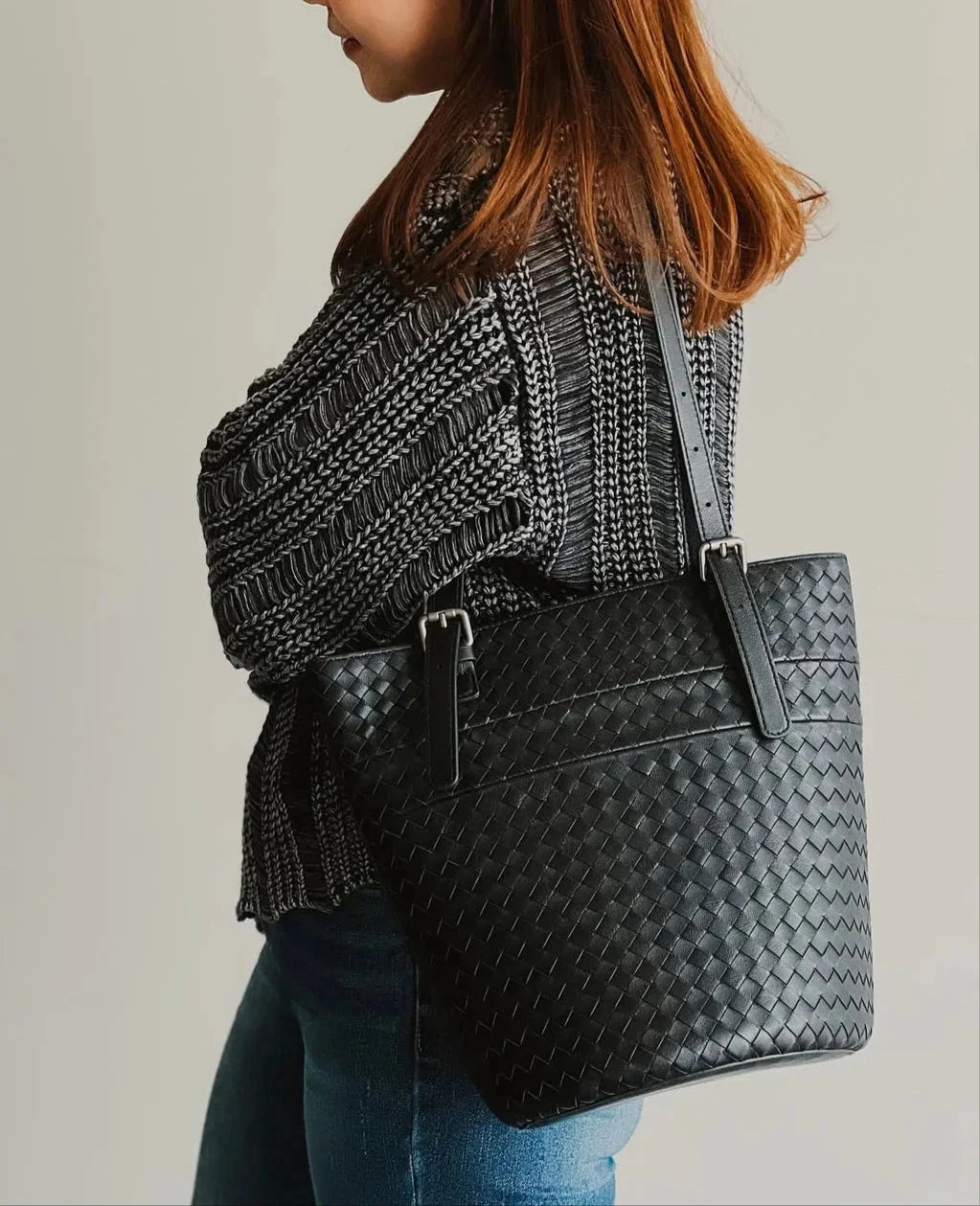 Artisan Sheepskin Bucket Shoulder Bag, Handcrafted Colour-block Weave Bag, Woven Leather Bag | Elegant Wedding Gift Functional Style