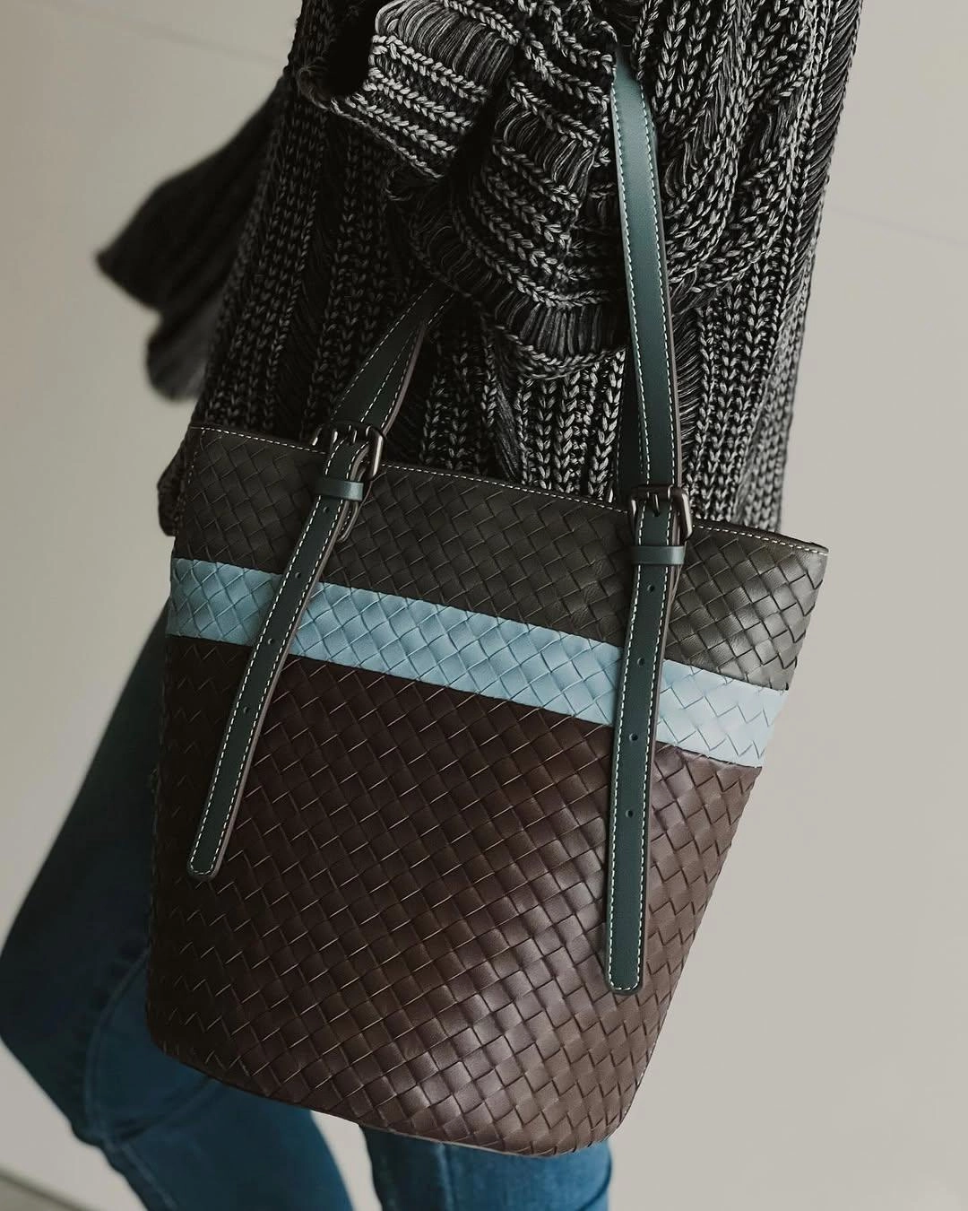 Soft Draped Silhouette Light Easy Carry Artisan Sheepskin Bucket Shoulder Bag, Handcrafted Colour-block Weave Bag, Woven Leather Bag | Elegant Wedding Gift