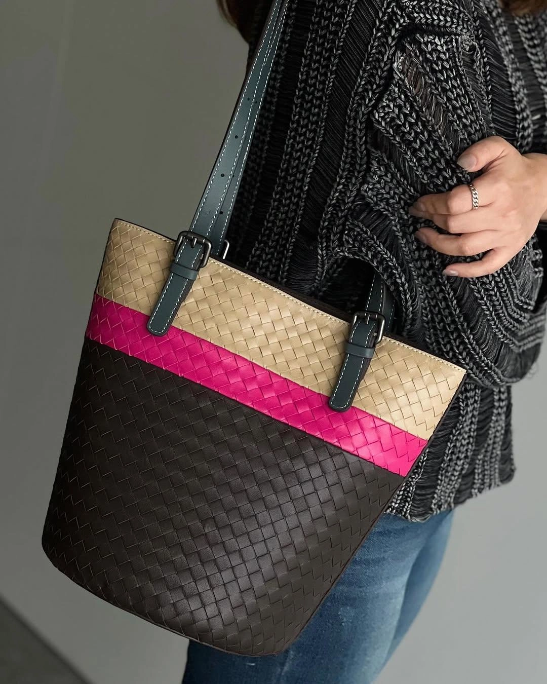 Timeless Casual Piece Artisan Sheepskin Bucket Shoulder Bag, Handcrafted Colour-block Weave Bag, Woven Leather Bag | Elegant Wedding Gift