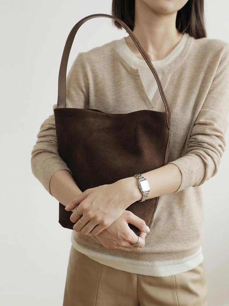 Autumn & Winter Suede Leather Bucket Bag | Women's Minimalist Shoulder Tote Timeless Everyday Use Urban Street Look