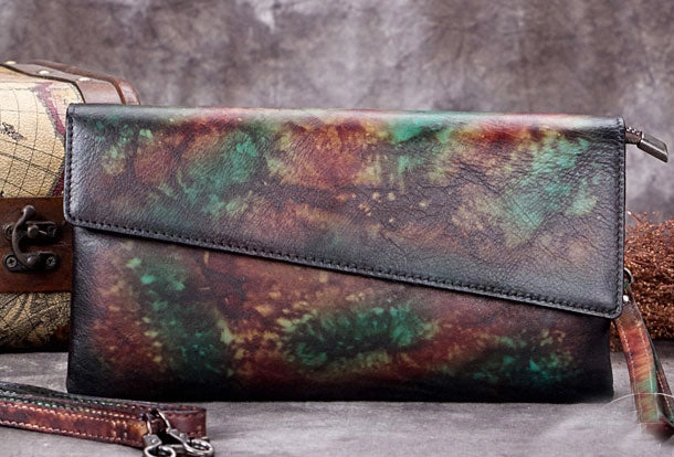 Genuine Leather Clutch Vintage Wristlet Wallet Crossbody Bag Shoulder Bag Handbag Purse For Women Functional Shape