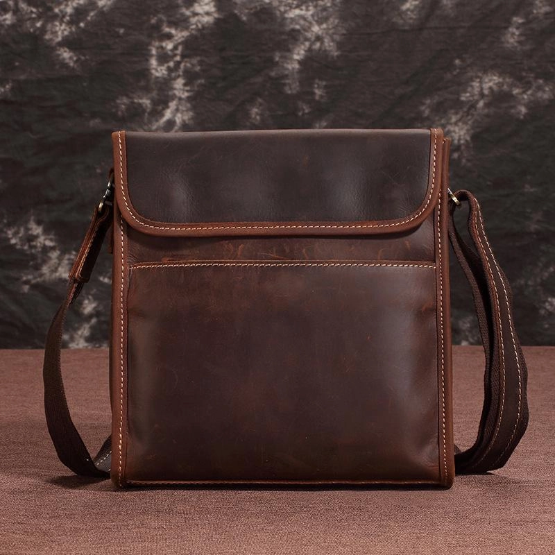 BADASS Brown Leather Mens Vertical Side Bag Messenger BAG SMall Courier Bag FOR MEN Travel Utility Durable Simplicity