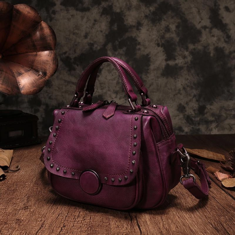 Purple Vintage Womens Leather Rivet Handbag Brown Side Bag Satchel Bag Purse for Ladies Utility Companion