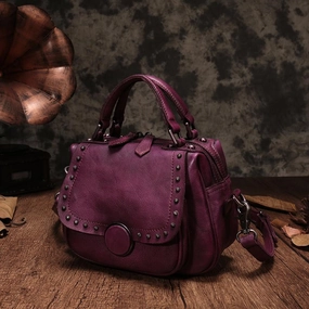 Purple Vintage Womens Leather Rivet Handbag Brown Side Bag Satchel Bag Purse for Ladies Utility Companion