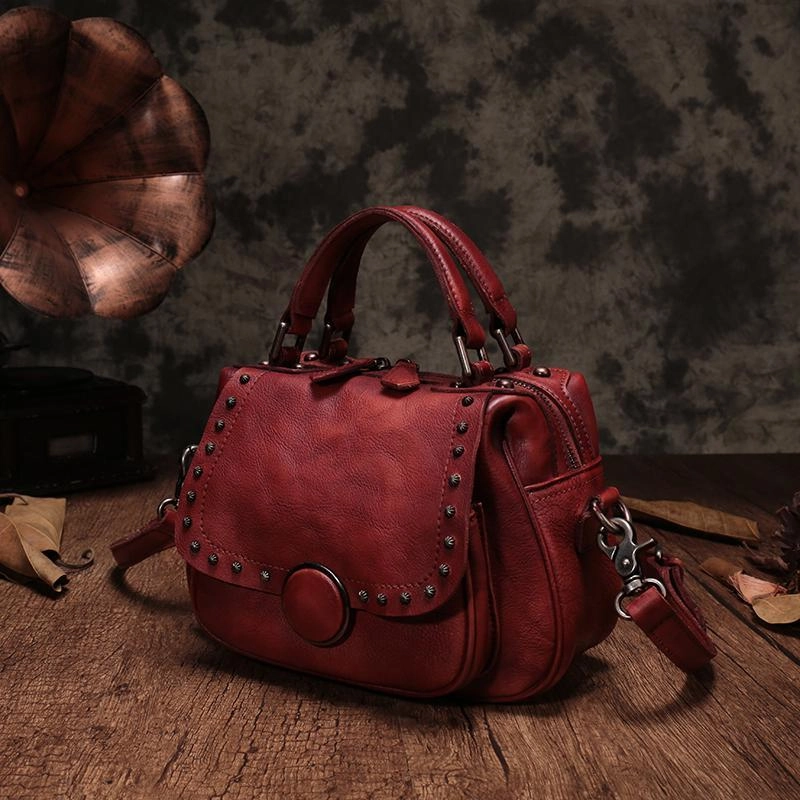 Purple Vintage Womens Leather Rivet Handbag Brown Side Bag Satchel Bag Purse for Ladies Rust Orange