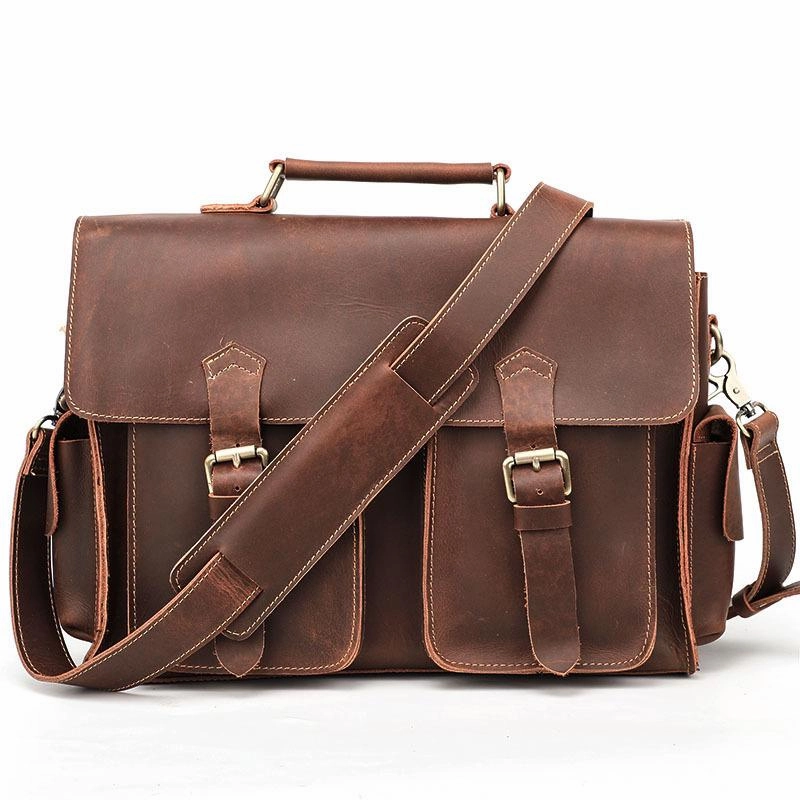 Trendy work satchel Trendy Daily Vintage Dark Brown Leather Mens 14 inches Briefcase Work Shoulder Briefcase Handbags For Men
