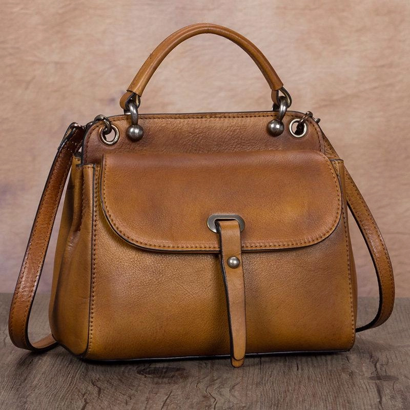 Green Vintage Ladies Leather Square Satchel Handbag Purse Brown SHoulder Bag Side Bag for WOmen Portable Organizer travel mode