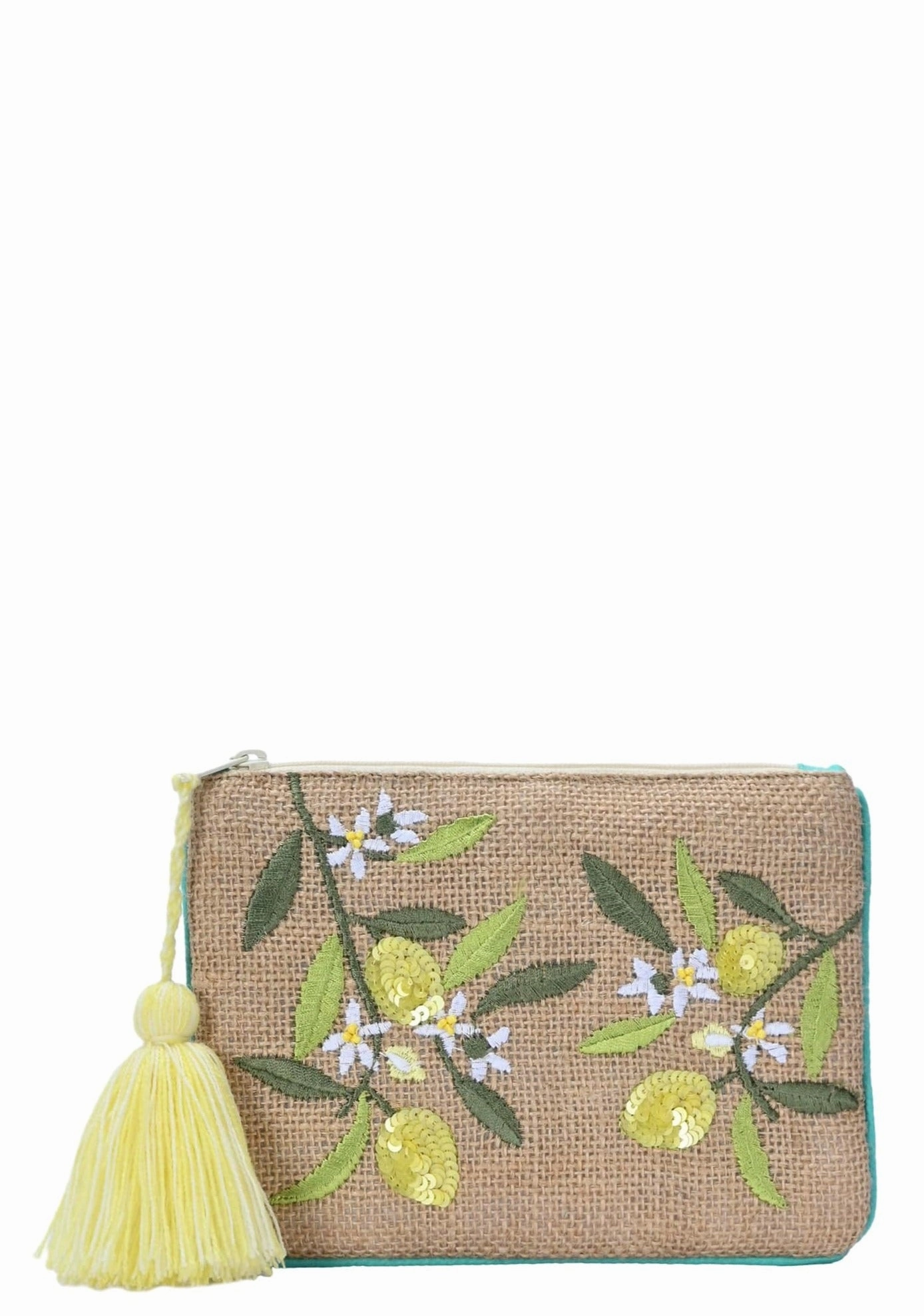 BGAIN320 Handmade Lemon Print Embroidered Jute Coin Pouch With Tassel Simple Journey