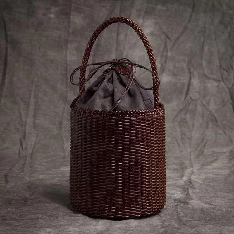 Handwoven Genuine Leather Bucket Bag, Woven Triple Jump Bamboo Ladies Handbag, Weekend Basket Bag, Summer Beach Bag, Coffee, Brown Neutral Color