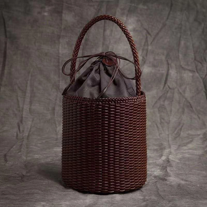 relaxed shape Fashion Must Have Handwoven Genuine Leather Bucket Bag, Woven Triple Jump Bamboo Ladies Handbag, Weekend Basket Bag, Summer Beach Bag, Coffee, Brown