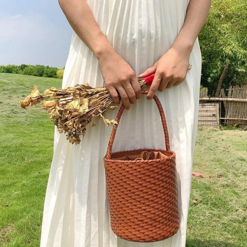 Handwoven Genuine Leather Bucket Bag, Woven Triple Jump Bamboo Ladies Handbag, Weekend Basket Bag, Summer Beach Bag, Coffee, Brown Lightweight Storage Bag