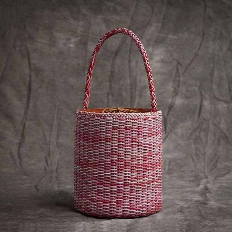 Elegant Minimal Look Handwoven Genuine Leather Bucket Bag, Woven Triple Jump Bamboo Ladies Handbag, Weekend Basket Bag, Summer Beach Bag, Coffee, Brown