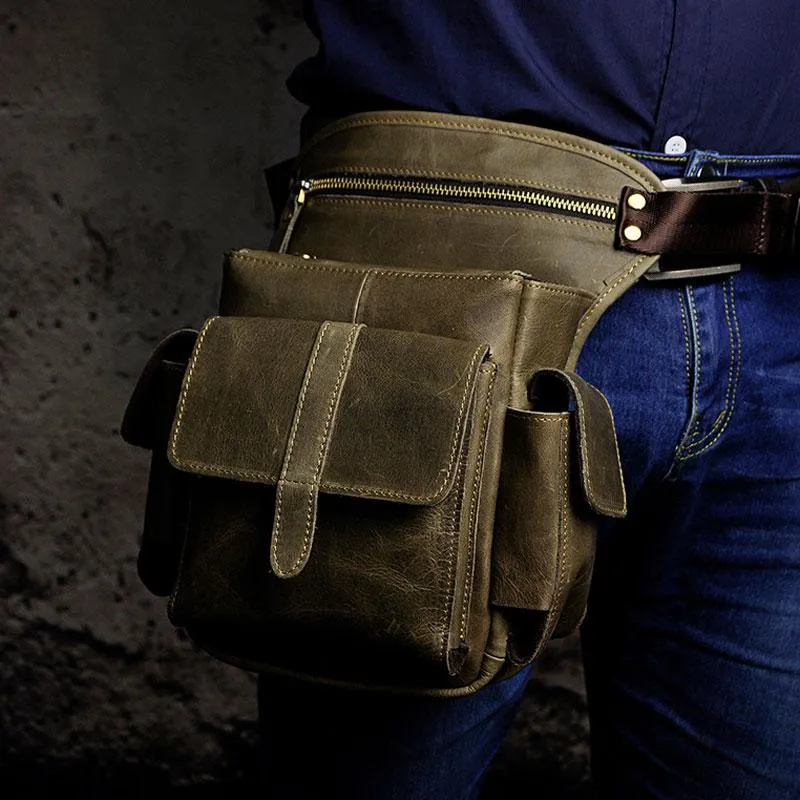 Biker Mens Leather Drop Leg Bag Waist Bag Side Bag Belt Pouch Pack for Men Travel Essential Slim Profile