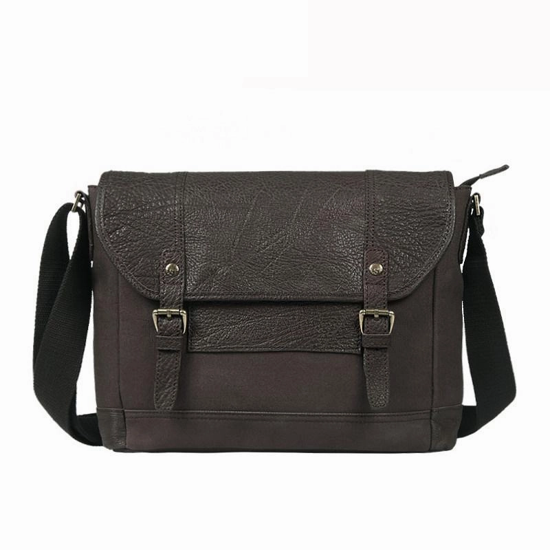 Stylish Detail Black Canvas Leather Mens Side Bags Messenger Bags Dark Coffee Canvas Courier Bag for Men