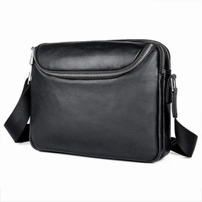Trendy Carry Black Cool Leather 10 inches Large Zipper Messenger Bag Handbag Shoulder Bag For Men