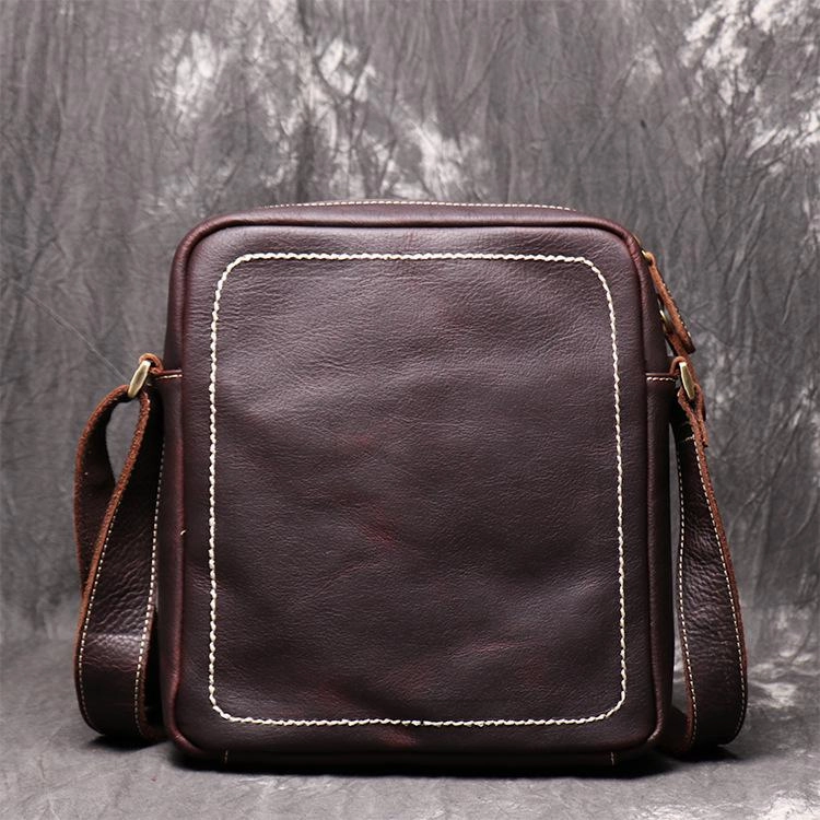 Black Cool Leather 10 inches Small Zipper Messenger Bag Vertical Shoulder Bag Dark Brown Side Bag For Men Compact Everyday
