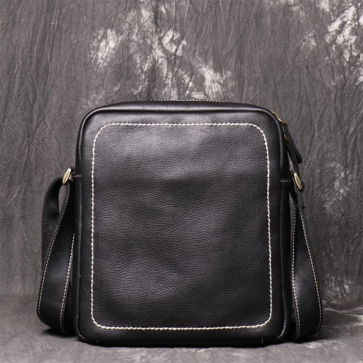 Functional utility Black Cool Leather 10 inches Small Zipper Messenger Bag Vertical Shoulder Bag Dark Brown Side Bag For Men