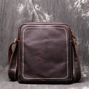 Black Cool Leather 10 inches Small Zipper Messenger Bag Vertical Shoulder Bag Dark Brown Side Bag For Men Compact Everyday