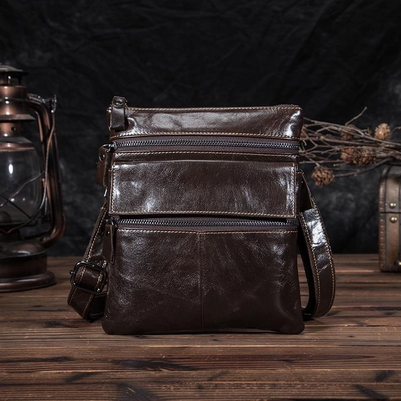 Black Cool Leather 8 inches Small Zipper Messenger Bag Vertical Shoulder Bag Brown Side Bag For Men Fashion Statement