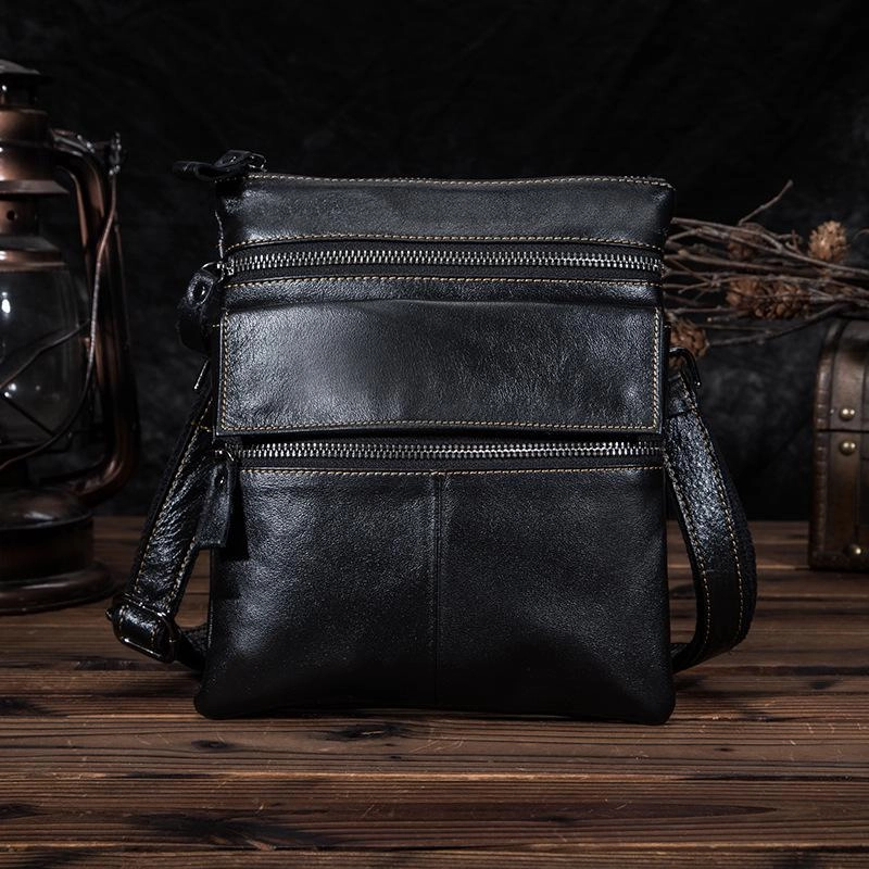 Functional Piece Black Cool Leather 8 inches Small Zipper Messenger Bag Vertical Shoulder Bag Brown Side Bag For Men
