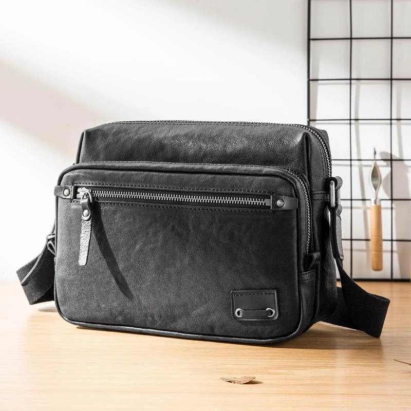Black Cool Leather Mens 10 inches Courier Bag Postman Bag Black Messenger Bags Side Bag for Men Smart Organizer Daily Gear