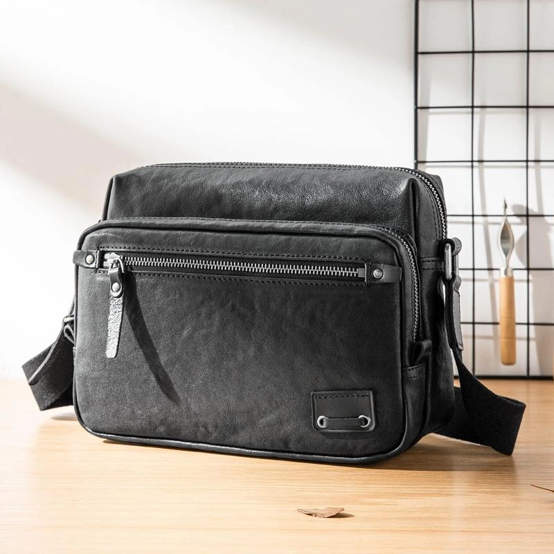 Black Cool Leather Mens 10 inches Courier Bag Postman Bag Black Messenger Bags Side Bag for Men Compact Fit Travel Comfort