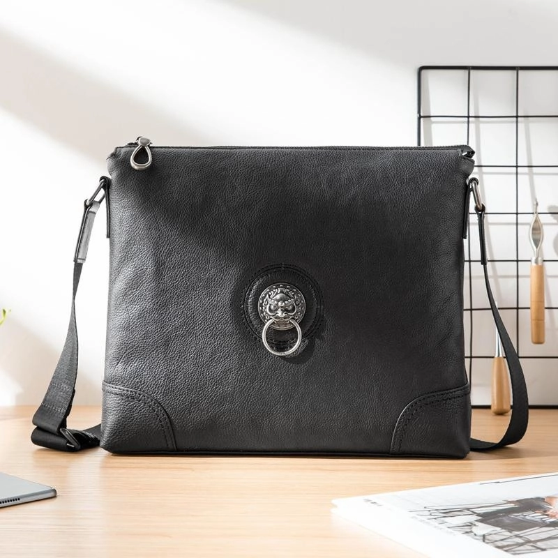 Black Cool Leather Mens 10 inches Vertical Courier Bag Postman Bag Black Cross Messenger Bags Side Bag for Men Casual Utility