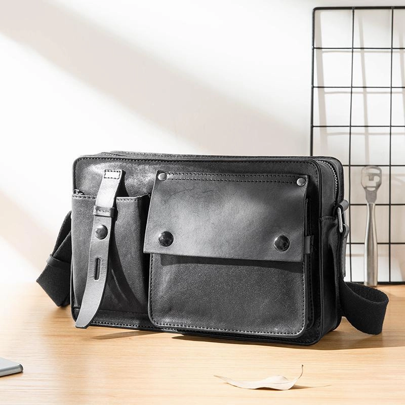 Lightweight Material Black Cool Leather Mens 10inches Courier Bag Postman Bag Black Messenger Bags Side Bag for Men