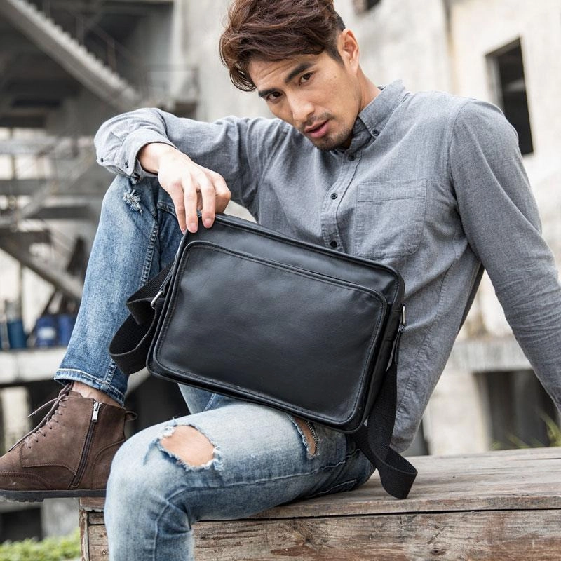 Travel Ready Black Cool Leather Mens Shoulder Bags Messenger Bags for Men