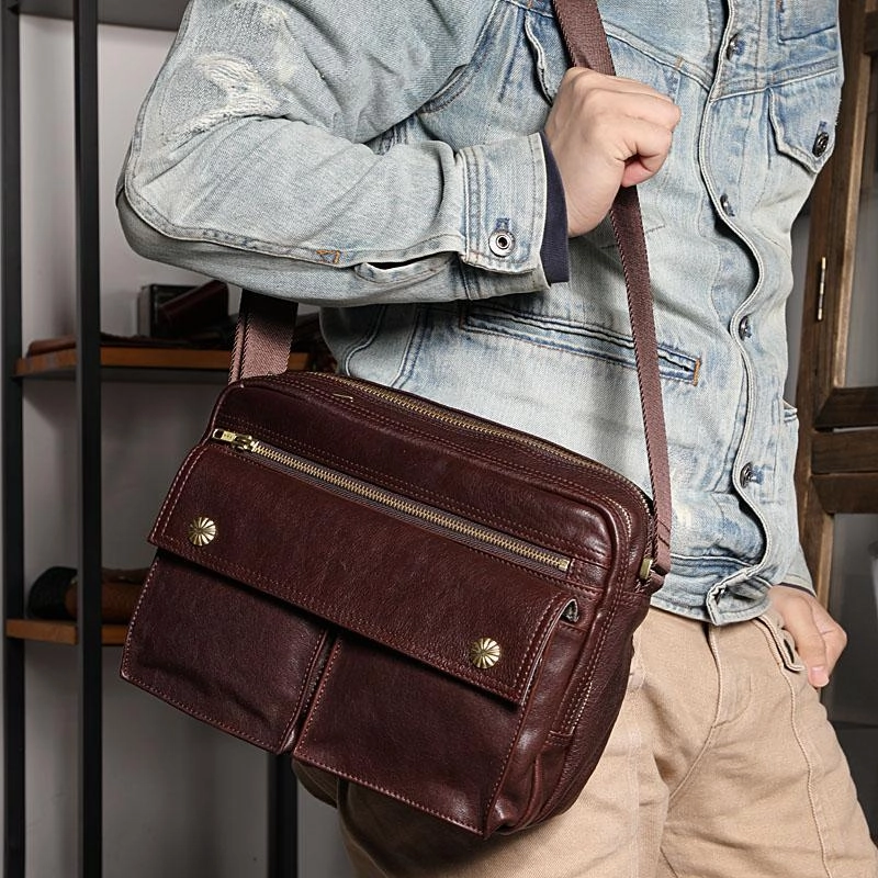 Black Genuine Leather Mens Cool Small Side Bag Messenger Bag Black Courier Bag for Men Modern Lifestyle Urban Explorer