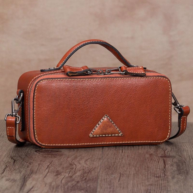 Black Genuine Leather Womens Box Shoulder Bag Brown MIni Handbag Purse Urban Minimalism