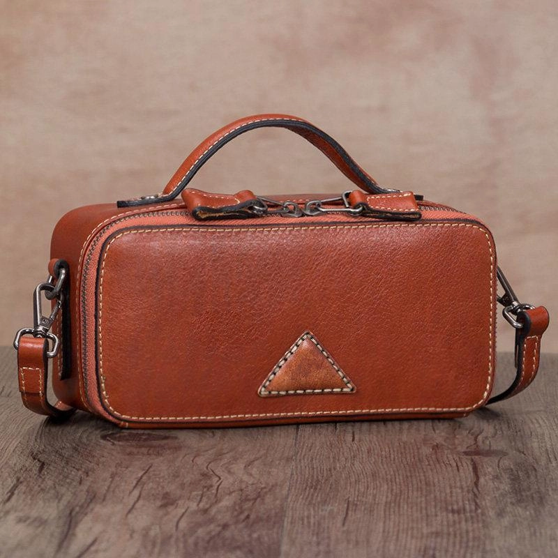 Black Genuine Leather Womens Box Shoulder Bag Brown MIni Handbag Purse Casual Carry Trendy Lookbook