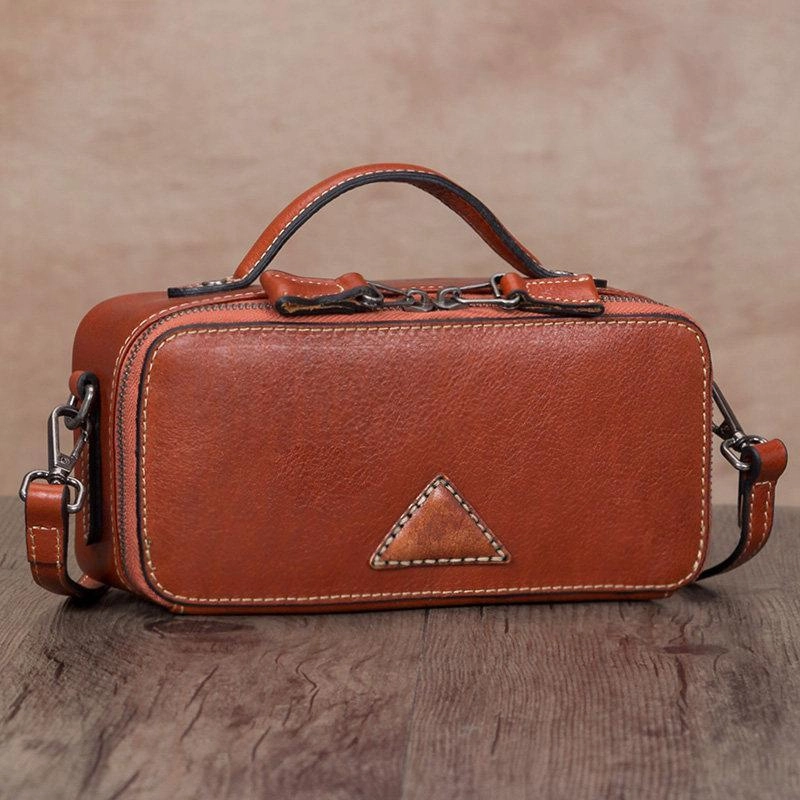 Practical Feature Black Genuine Leather Womens Box Shoulder Bag Brown MIni Handbag Purse