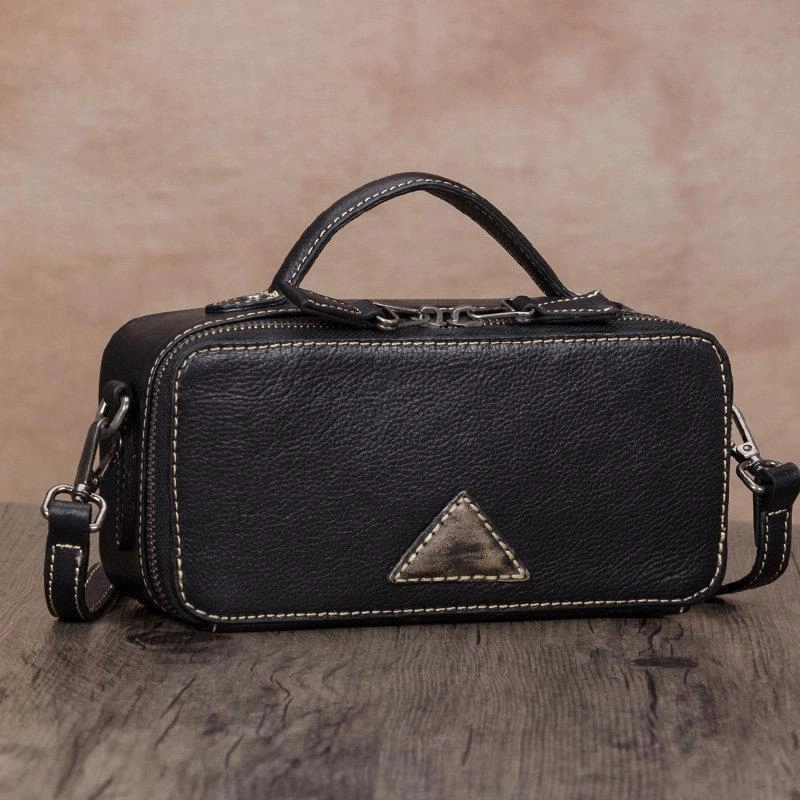 Night Out Black Genuine Leather Womens Box Shoulder Bag Brown MIni Handbag Purse