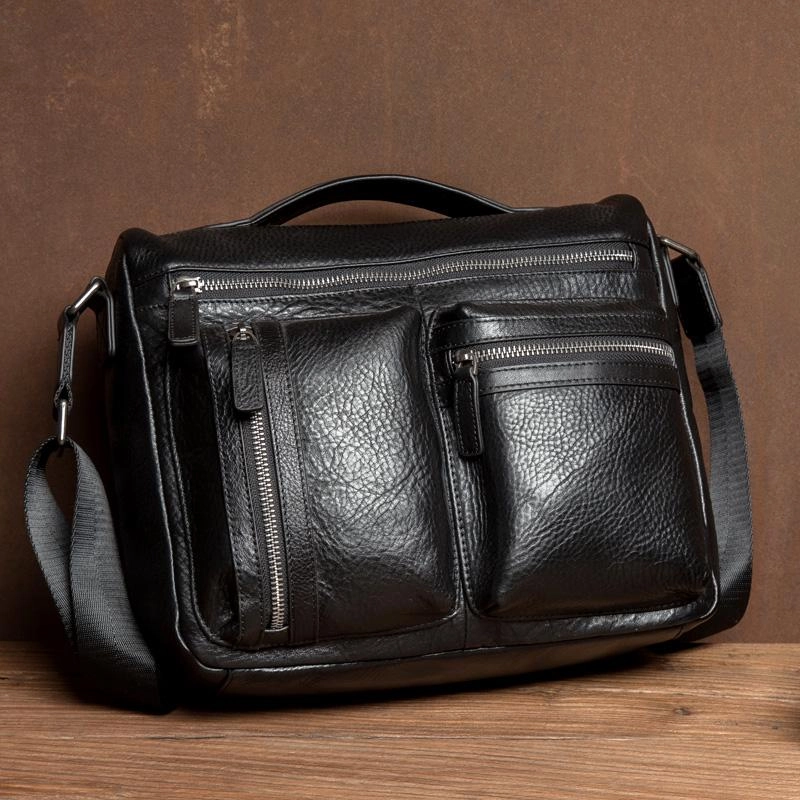 Durable Organizer Quality craftsmanship Black Leather 10 inches Mens Small Messenger Bag Black Side Bag Courier Bag Postman Bag for Men
