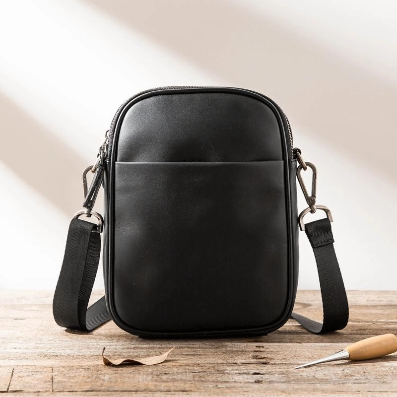 Work Lifestyle Black Leather Mens 8 inches Small Vertical Side Bag Black Messenger Bags Postman Bag Courier Bag for Men